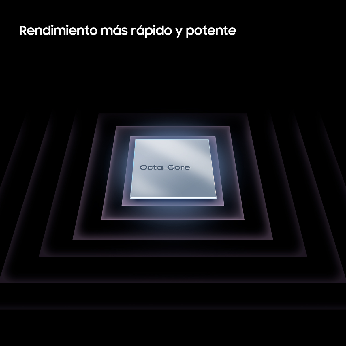 Cuadrado metálico con etiqueta 'Octa-Core', rodeado de cuadrados concéntricos brillantes sobre fondo oscuro.