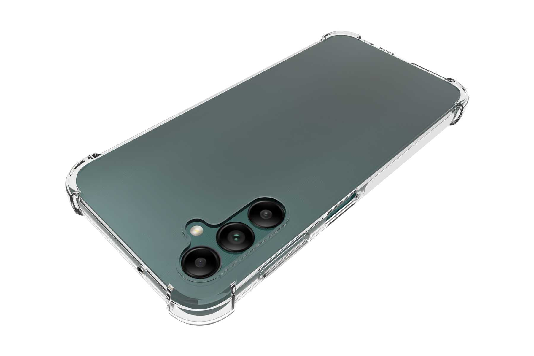 Eine transparente Handyhülle auf einem Telefon. Die Hülle zeigt die Kamera und die Rückseite des Telefons.
