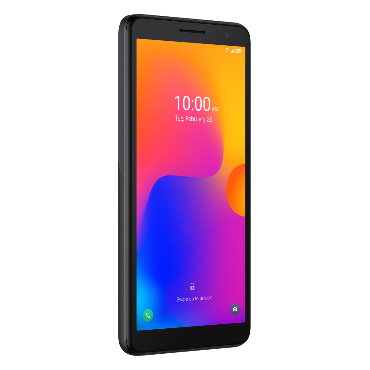 Czarny smartfon pokazujący godzinę i datę na kolorowym ekranie.