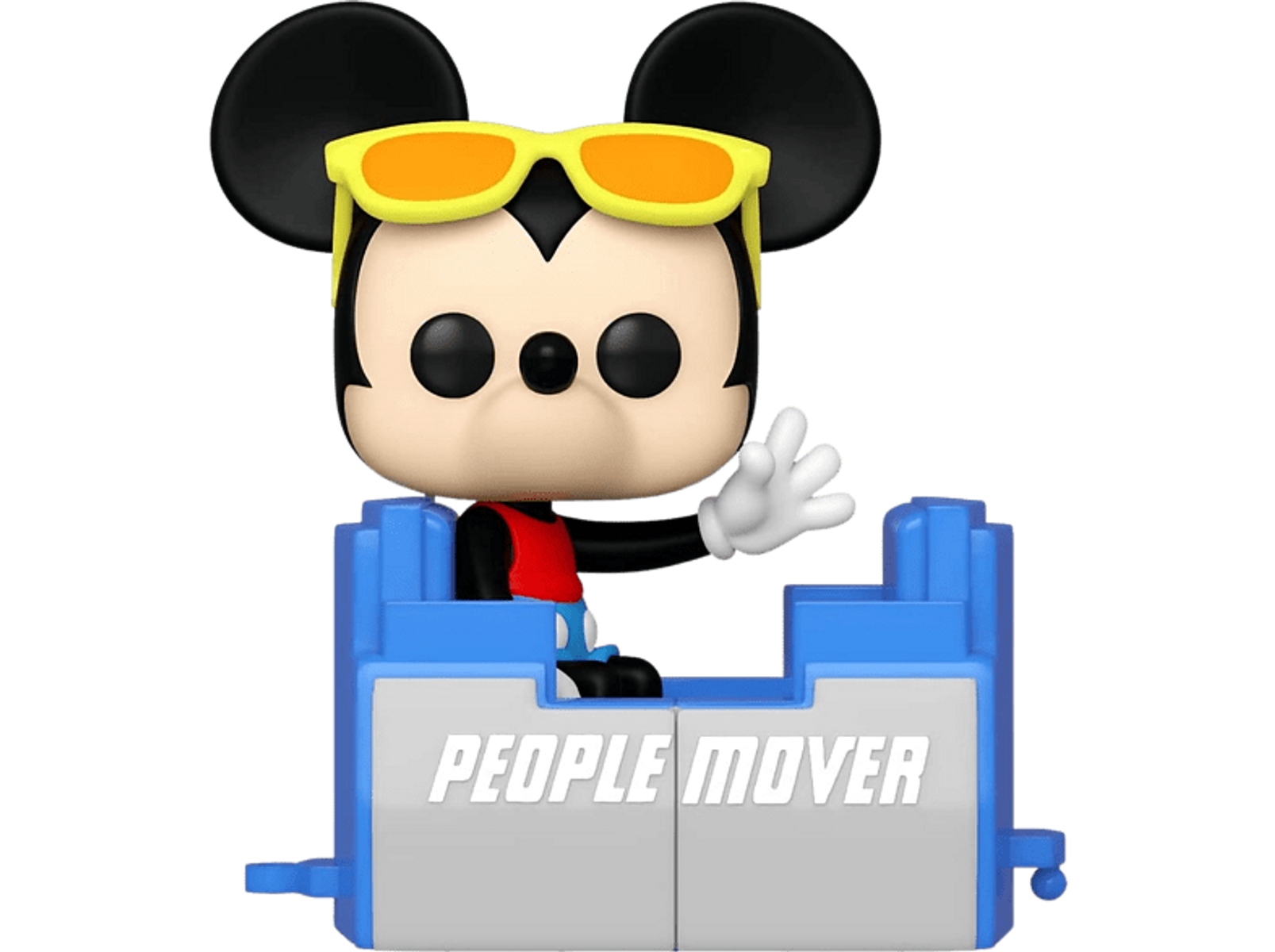 Micky-Maus-Figur mit Sonnenbrille auf einem blauen People Mover, winkt.