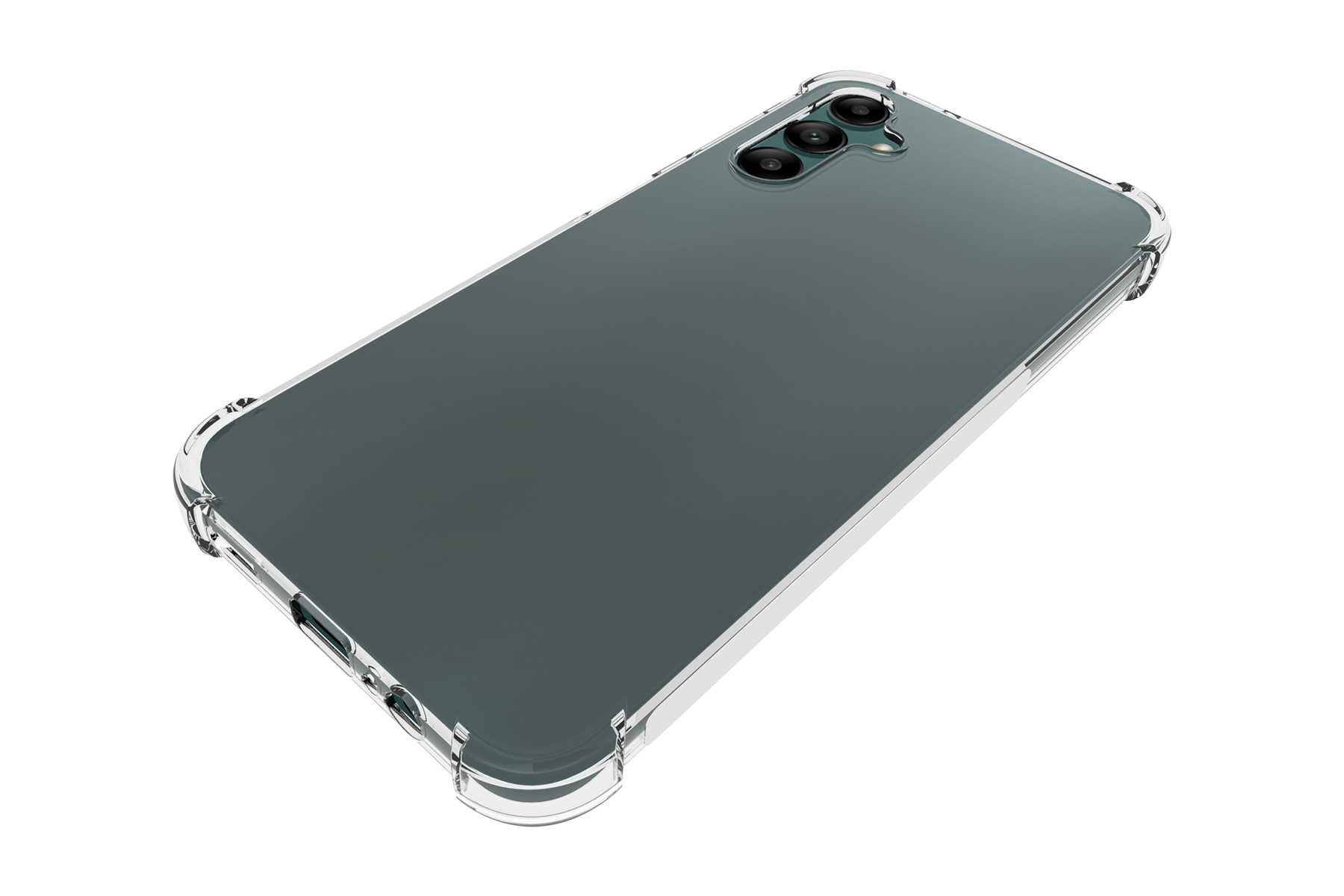 Ein Telefon in einer transparenten Hülle. Das Telefon ist schwarz, die Hülle hat verstärkte Ecken.