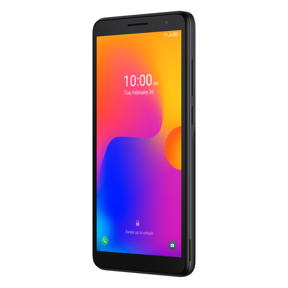 Czarny smartfon z kolorowym ekranem pokazującym godzinę i datę.