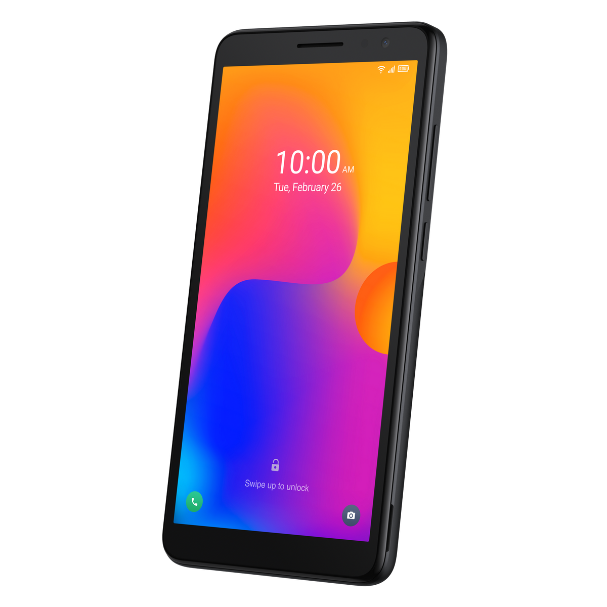 Czarny smartfon z kolorowym ekranem, godziną i datą. Białe tło.