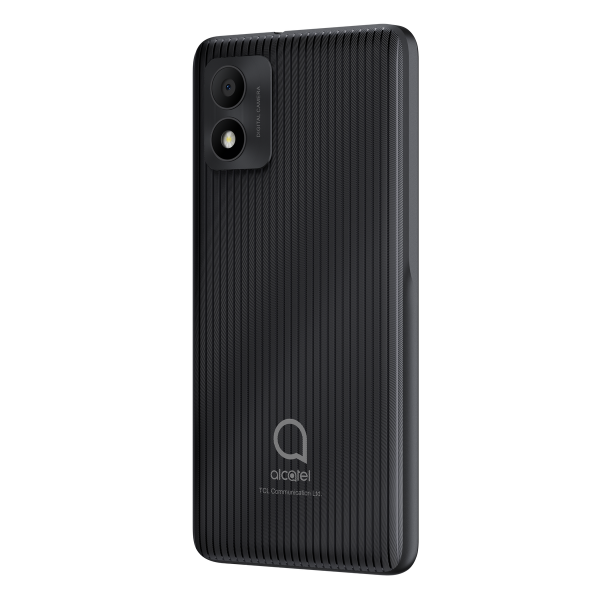 Czarny tył telefonu Alcatel, teksturowany pionowymi liniami, aparat i logo.