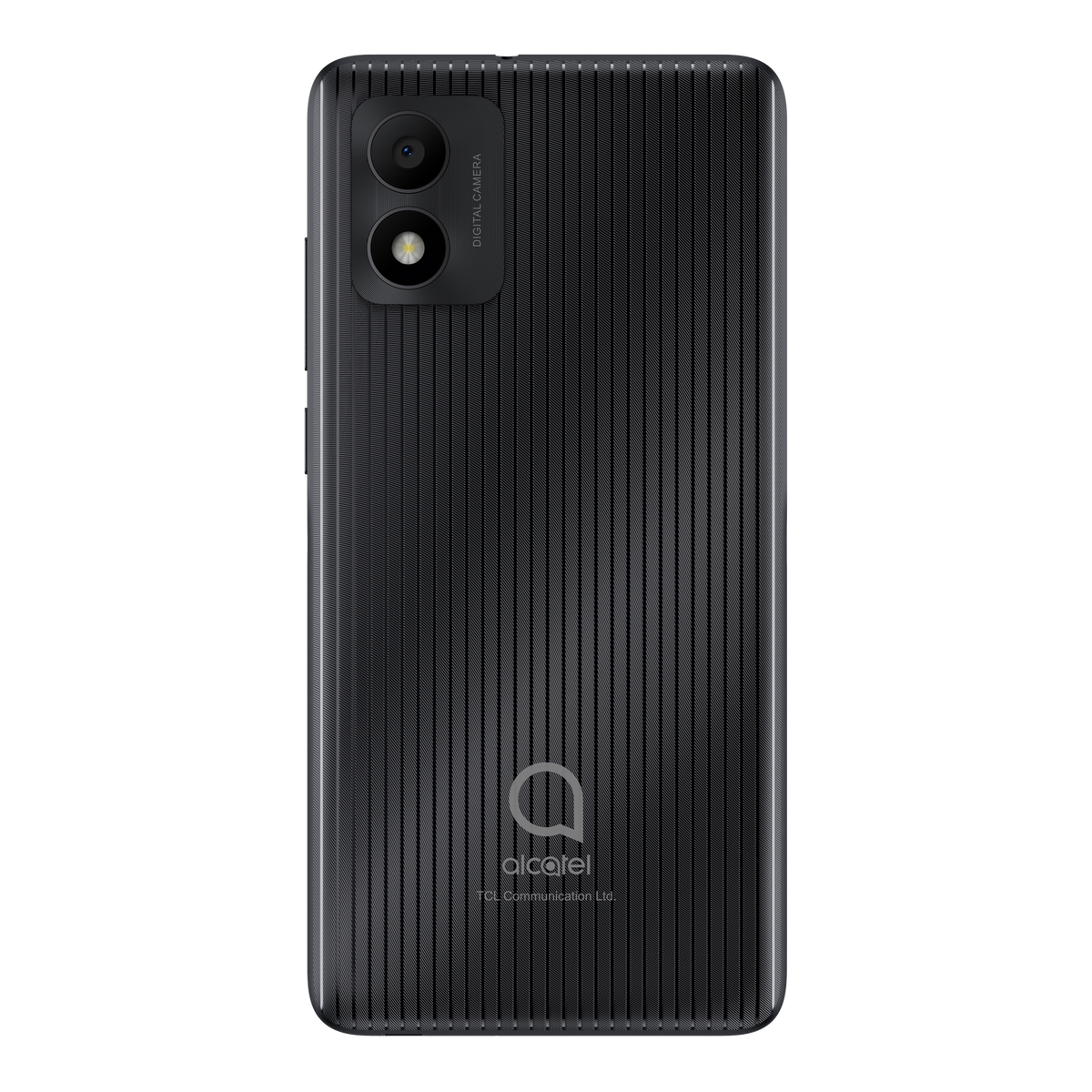 Czarny tył telefonu z aparatem i logo. Tekstura pionowych linii. Czarne tło.