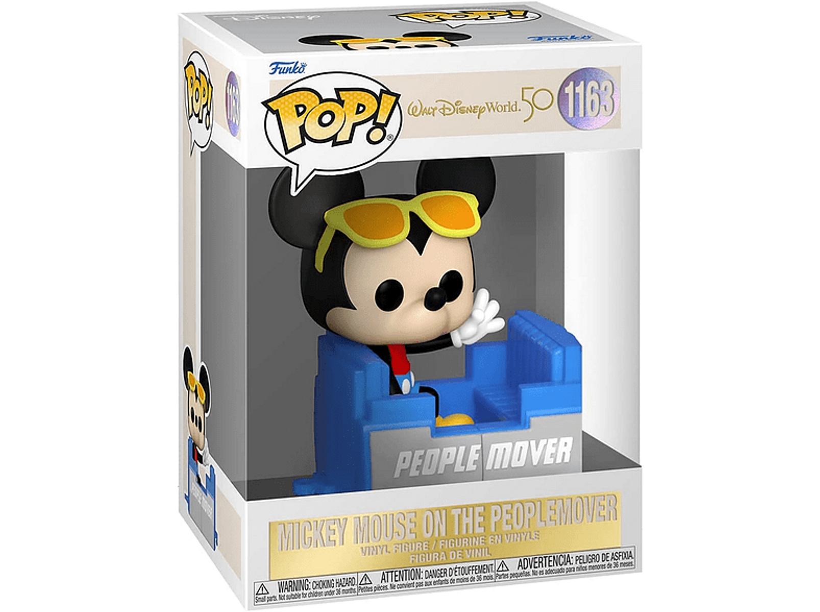Eine Funko Pop! Mickey Mouse auf der PeopleMover-Figur in einer Box. Mickey trägt Sonnenbrille.