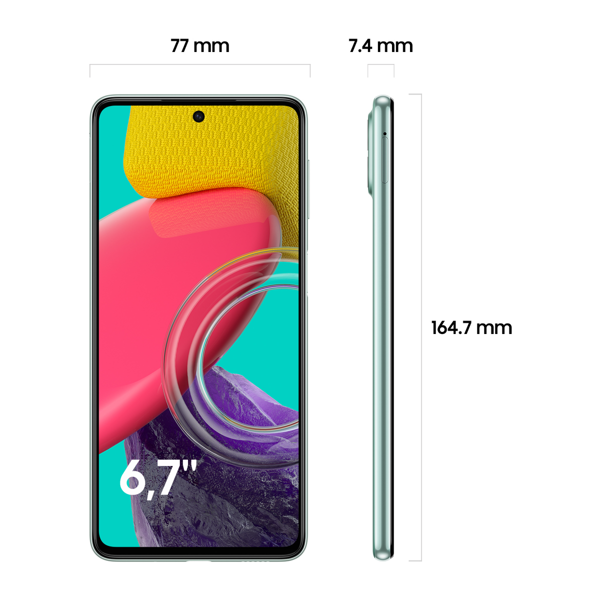 Un telefono cellulare che mostra le dimensioni: 77 mm di larghezza, 7,4 mm di spessore, 164,7 mm di altezza.