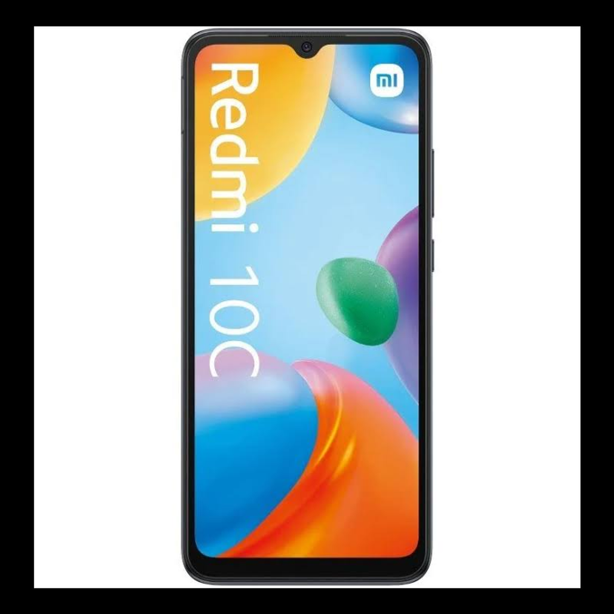 Un téléphone Redmi 10C noir avec un fond abstrait coloré sur l'écran.
