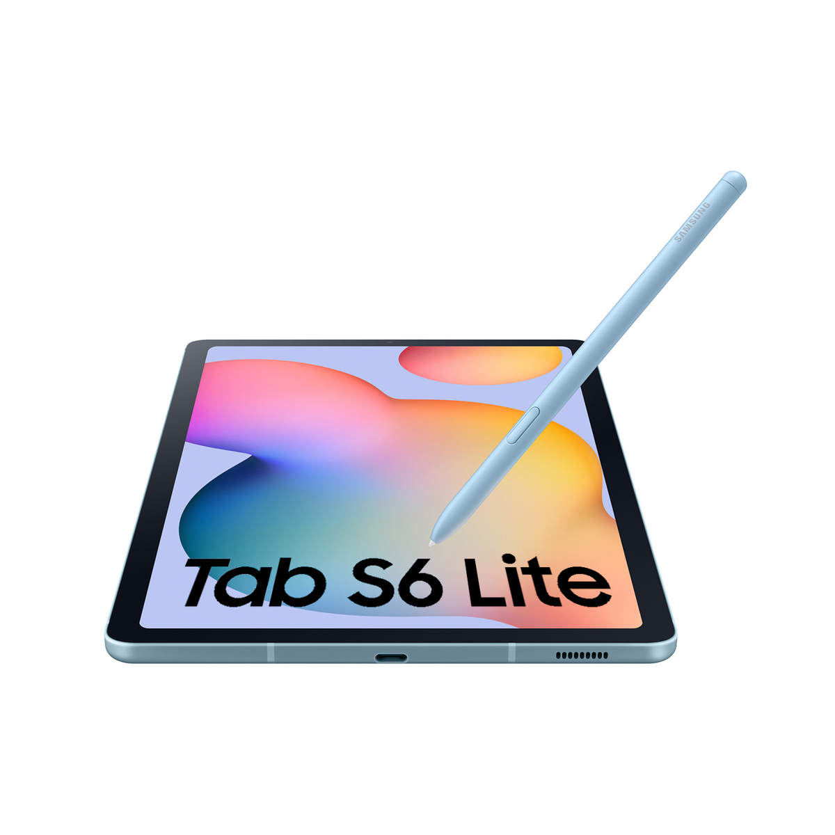 Una tableta azul con un lápiz. La pantalla muestra "Tab S6 Lite".