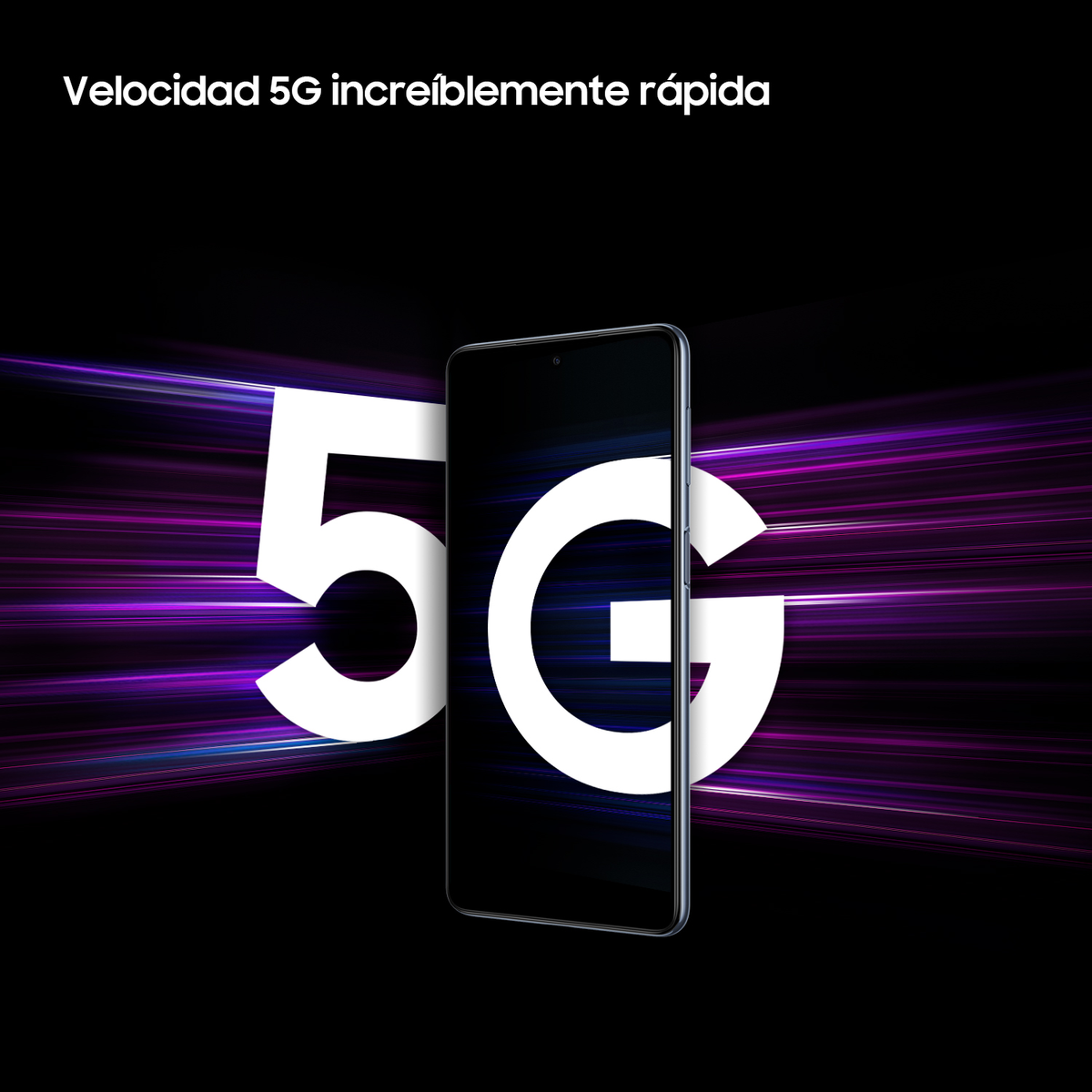 Smartphone davanti a uno sfondo bianco e viola con logo 5G e testo.