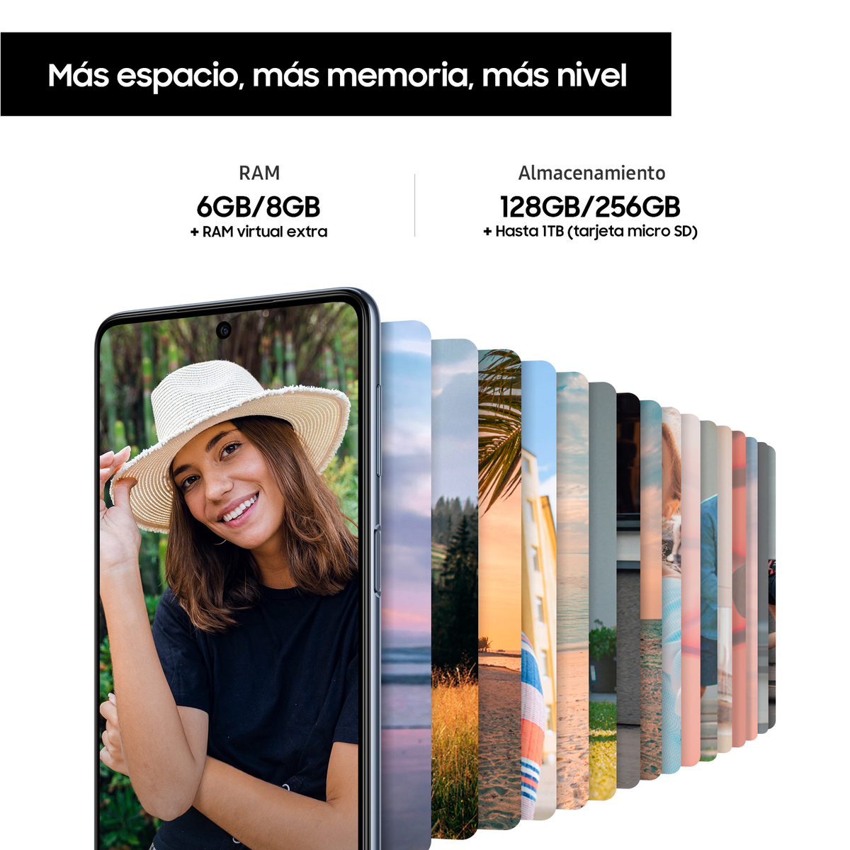 Un teléfono con la foto de una mujer. Varias fotos se muestran detrás del teléfono.