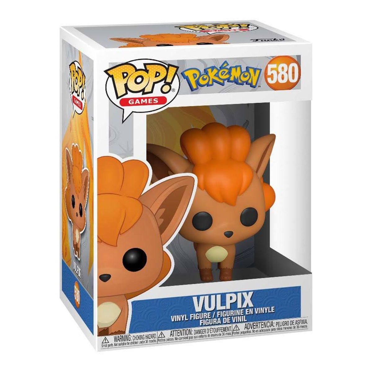 Vulpix Funko Pop Figur in einer Box. Die Box zeigt die Figur und einen feuerfarbenen Hintergrund.