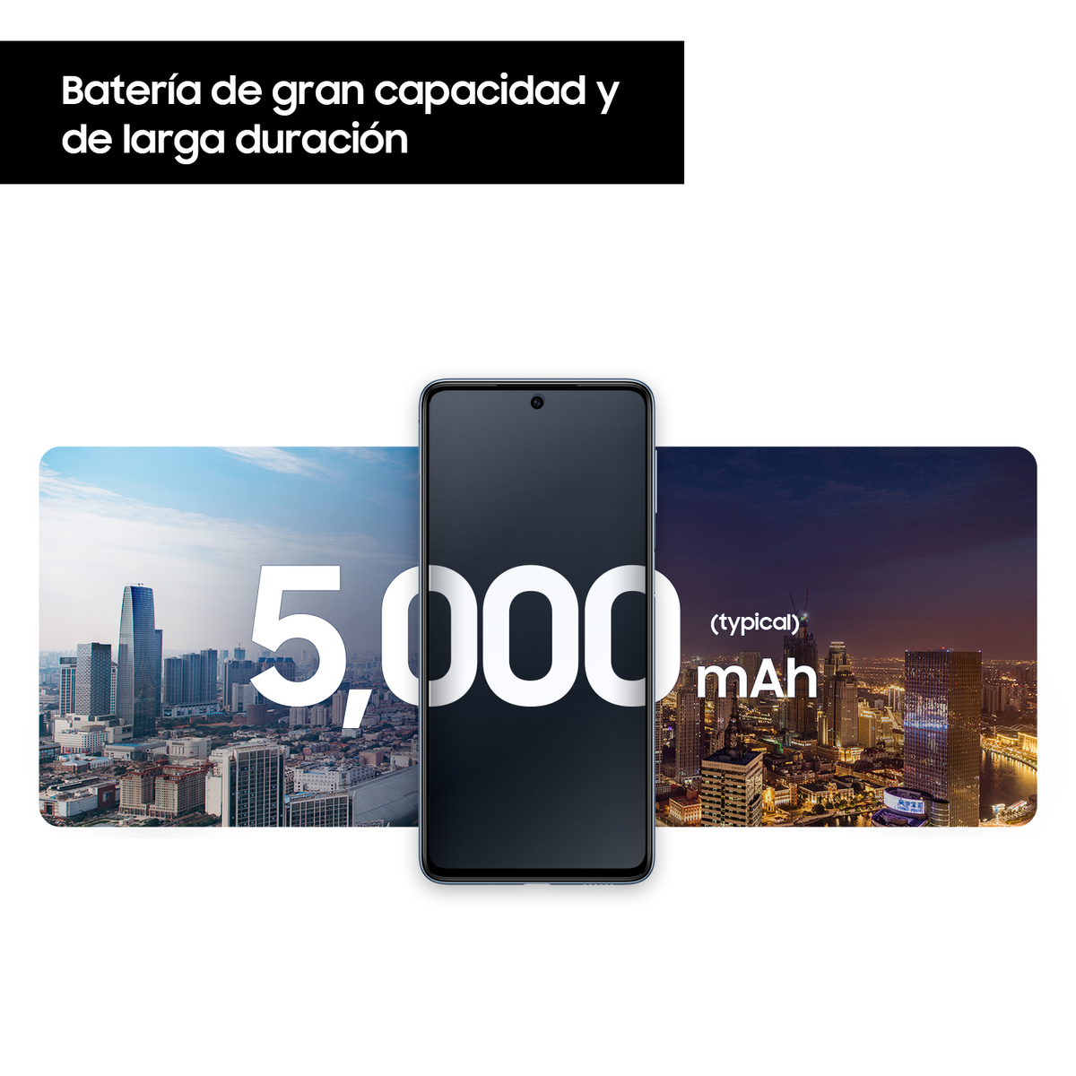 Smartphone con texto: gran capacidad de batería y larga duración, con fondo de ciudad.