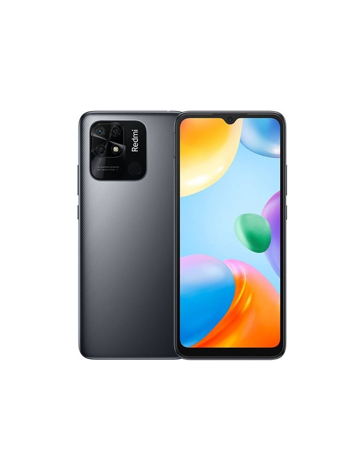 Téléphone Redmi avec doubles caméras à l'arrière, écran affichant des graphiques colorés.