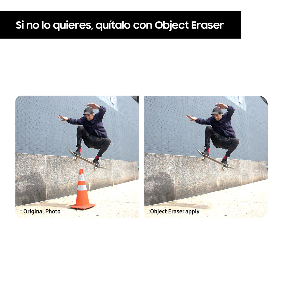 Skater saltando sobre un cono naranja. Comparación de imágenes con herramienta borrador.