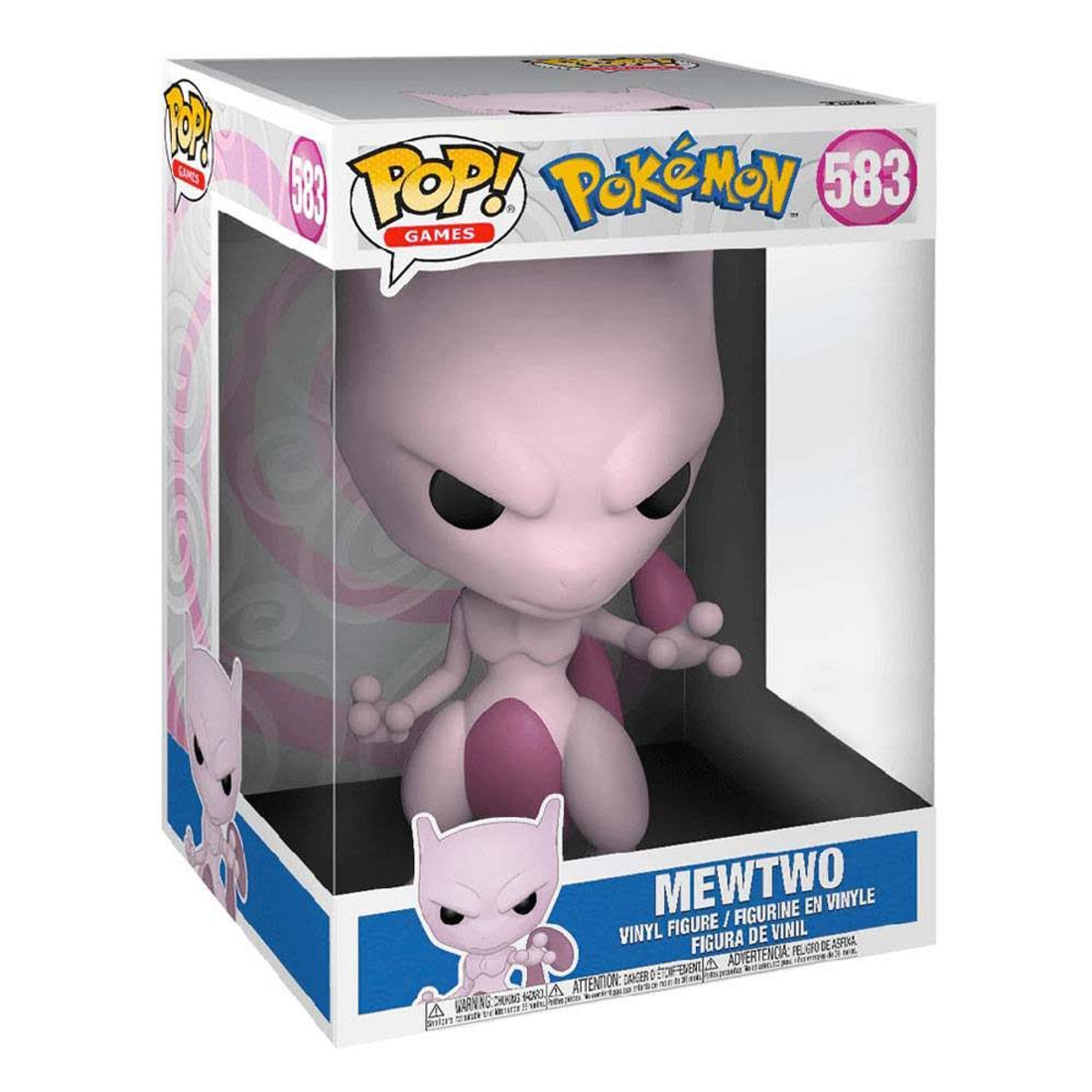 Mewtwo Pokemon Figur in einer Box. Die Figur ist pink und lila.