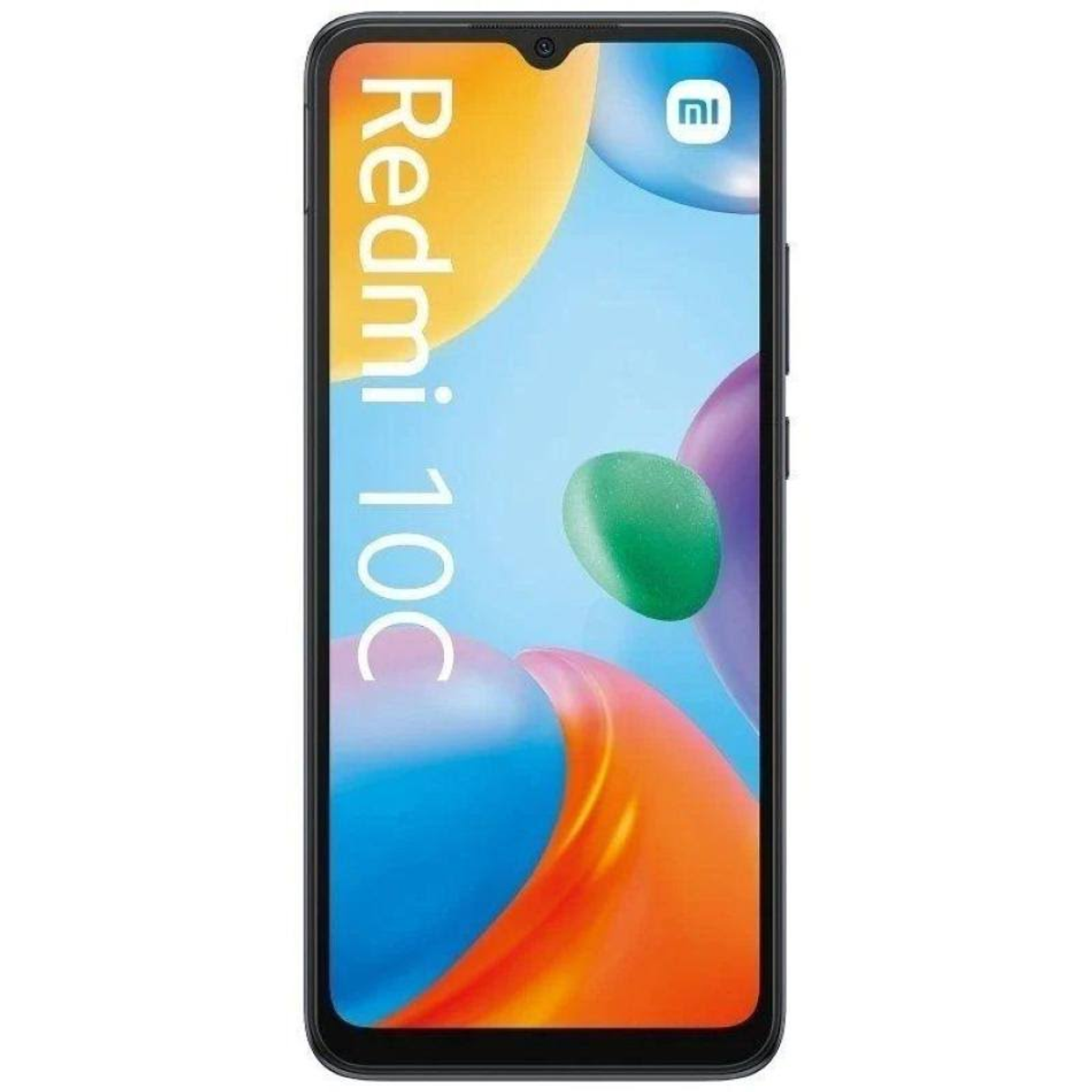 Smartphone, Redmi 10C, sur fond blanc avec des formes colorées.