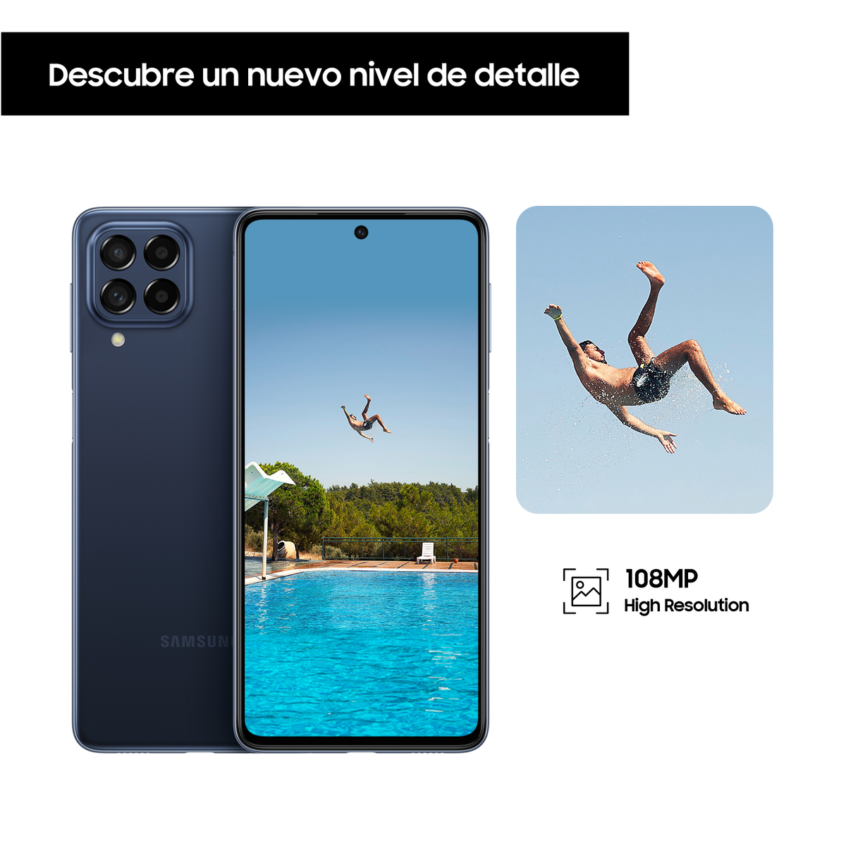 Un teléfono azul con una imagen de cascada en la pantalla. Una persona se sumerge en una piscina.