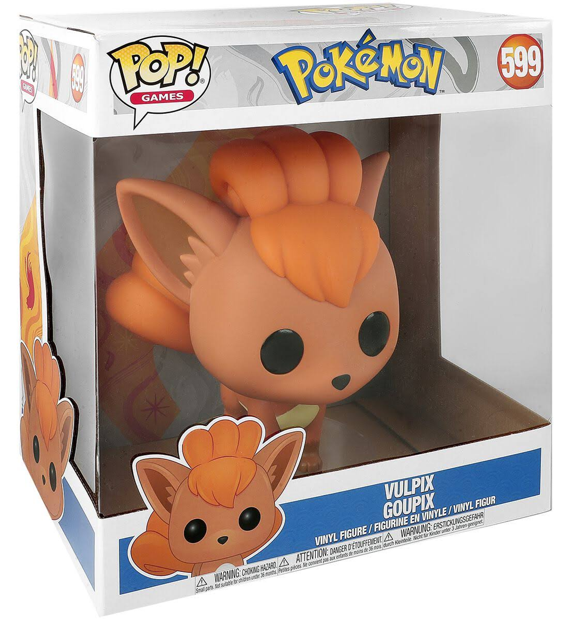 Vulpix Funko Pop-Figur in einer Box. Die Figur ist orange und weiß, in einer Display-Box.