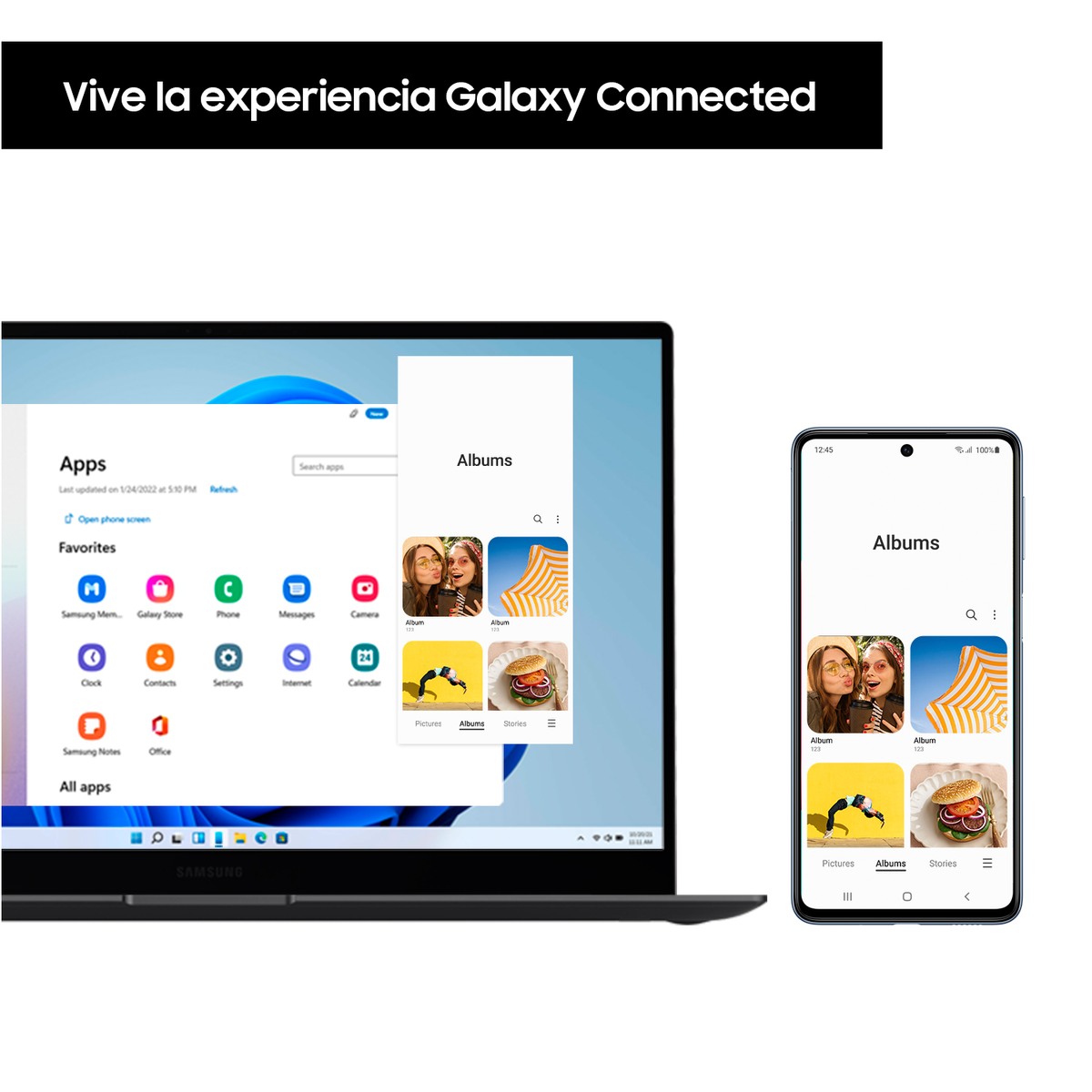 Laptop y teléfono que muestran aplicaciones y álbumes. Fondo blanco, portátil negro.