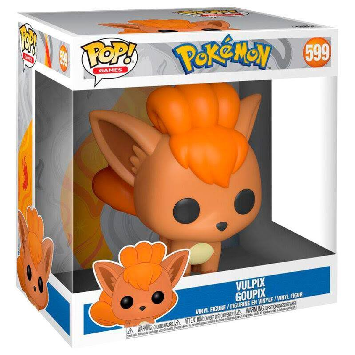 Vulpix Funko Pop Figur in Box, orangefuchsartiger Charakter, Pokémon Logo auf der Box.