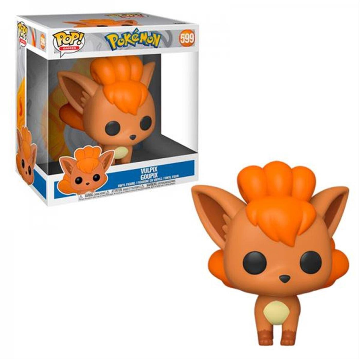Eine Vulpix Funko Pop-Figur in ihrer Box. Die Figur ist orange mit fuchsartigem Design.