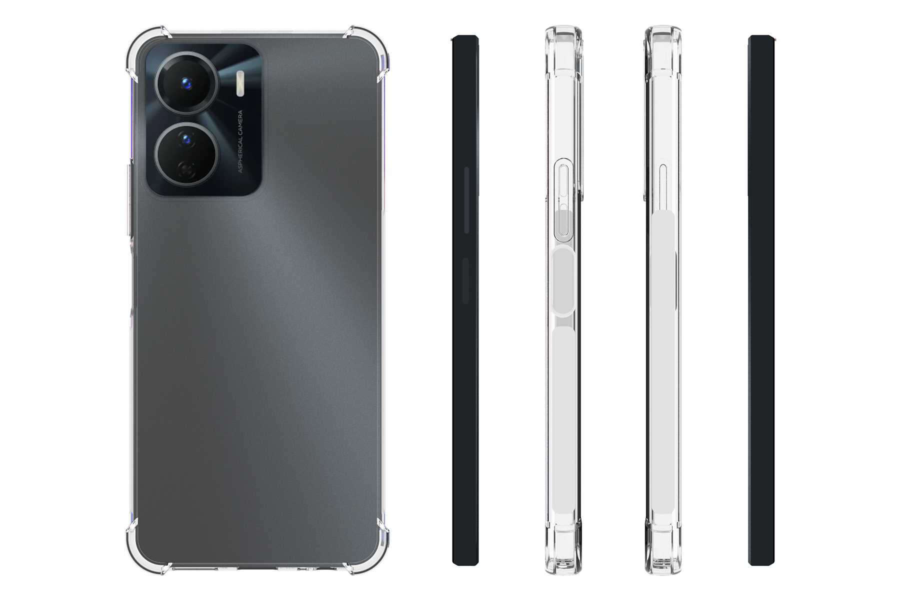 Ein schwarzes Telefon in einer transparenten Hülle, mit mehreren Seitenansichten.