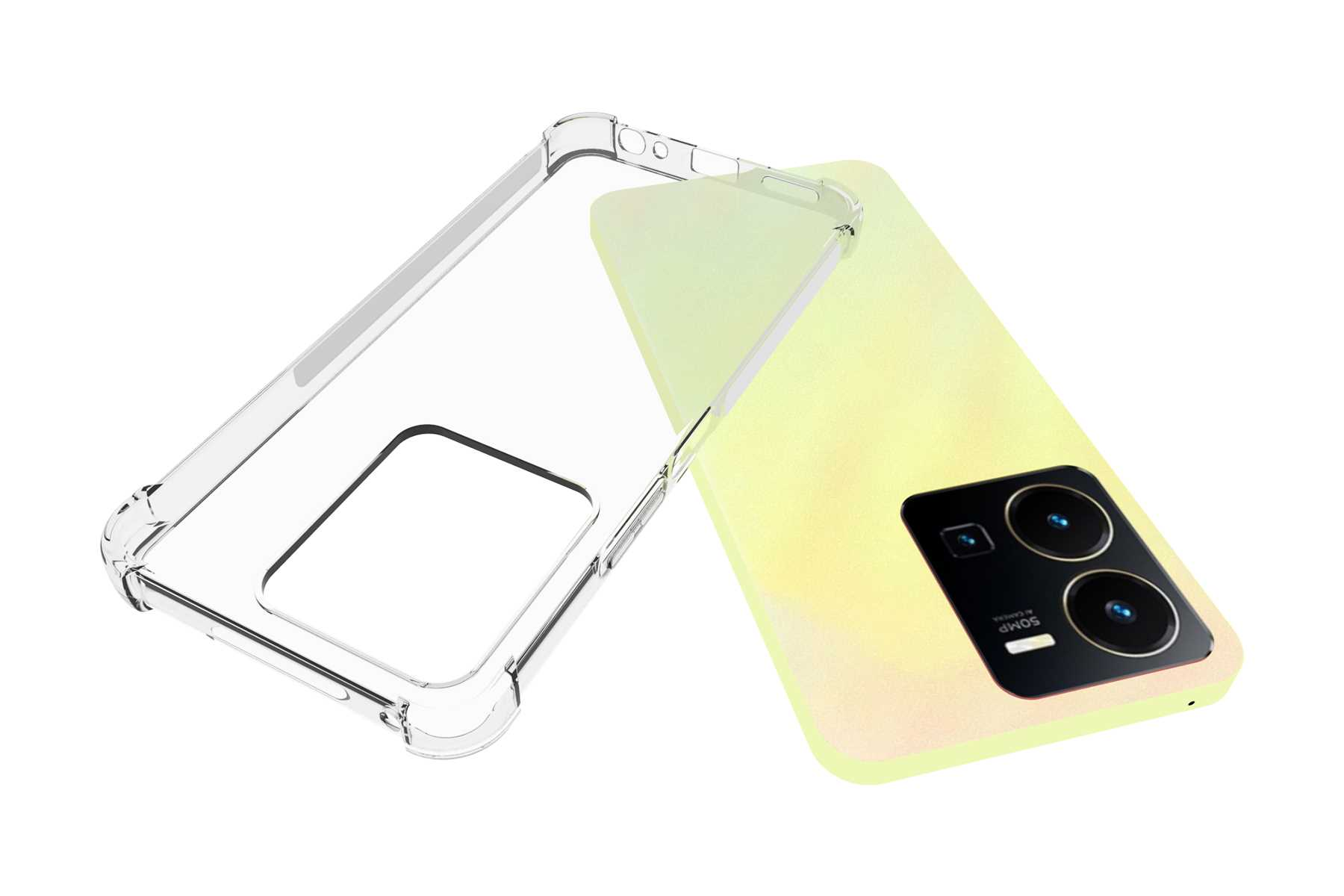 Transparente Handyhülle und gelb-grünes Telefon. Die Hülle ist leer. Das Telefon hat eine Kamera.