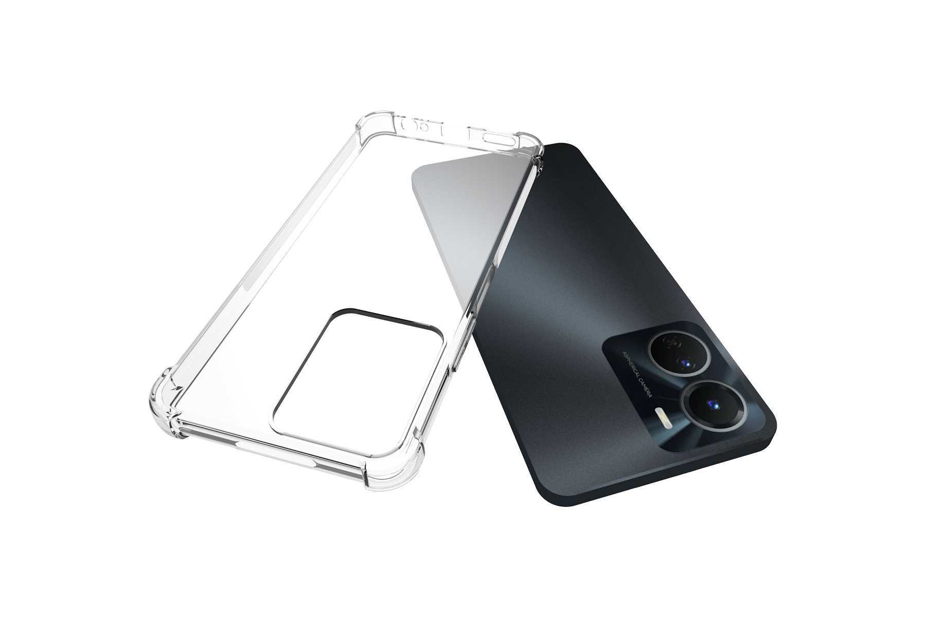 Eine transparente Handyhülle neben einem schwarzen Telefon. Die Hülle ist offen.