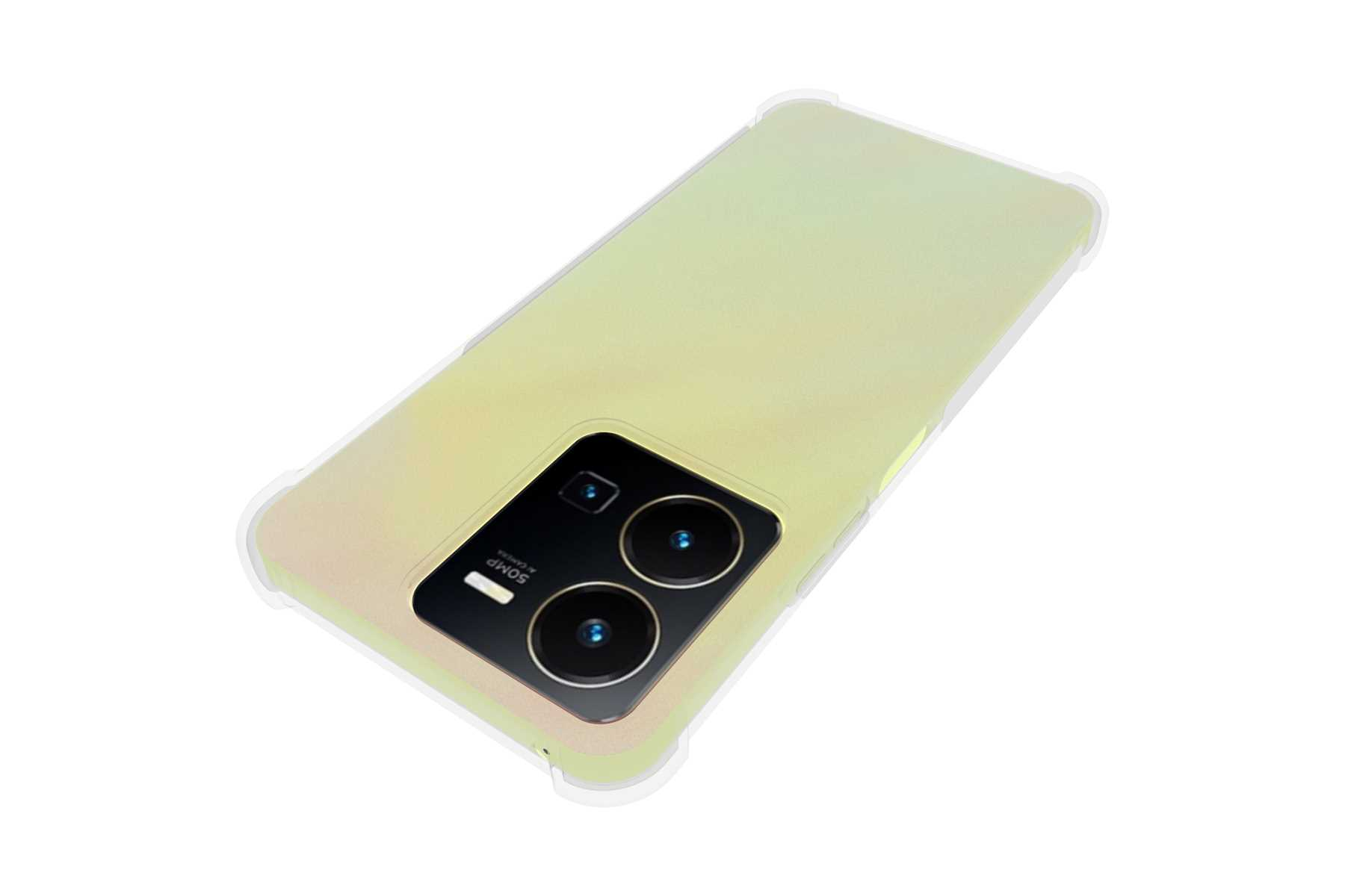 Telefon mit Hülle. Rückansicht, hellgelbe Hülle, Kameramodul mit zwei Linsen. Weißer Hintergrund.