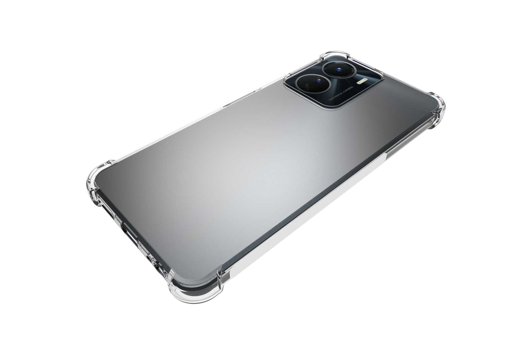 Graues Smartphone in einer durchsichtigen Hülle. Die Hülle hat Schutzecken. Das Telefon liegt auf weißem Grund.