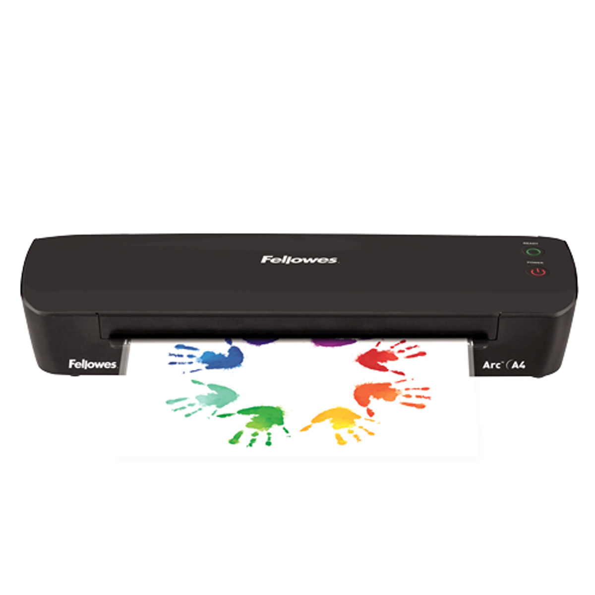 Laminadora Fellowes negra con diseño de huellas de manos coloridas. Fondo blanco.