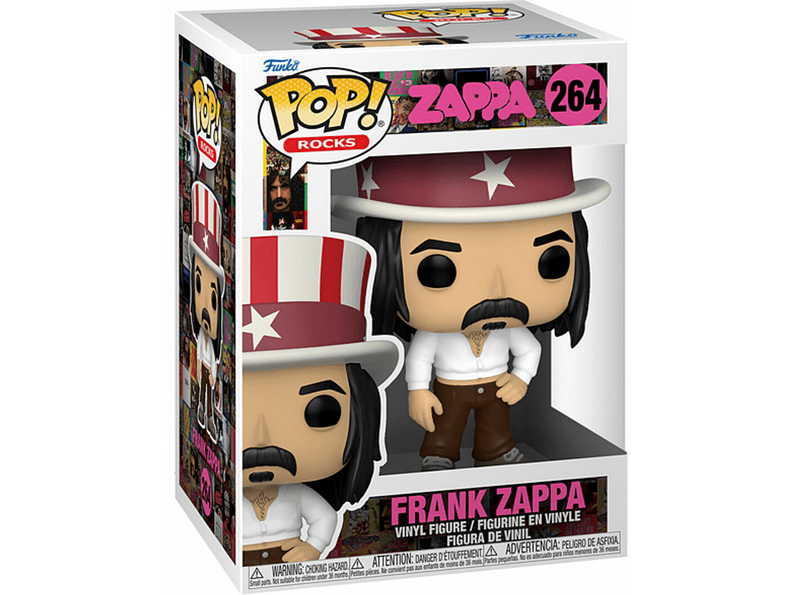 Funko Pop-Box von Frank Zappa. Figur in weißem Hemd, brauner Hose und Hut. Box zeigt Bilder.