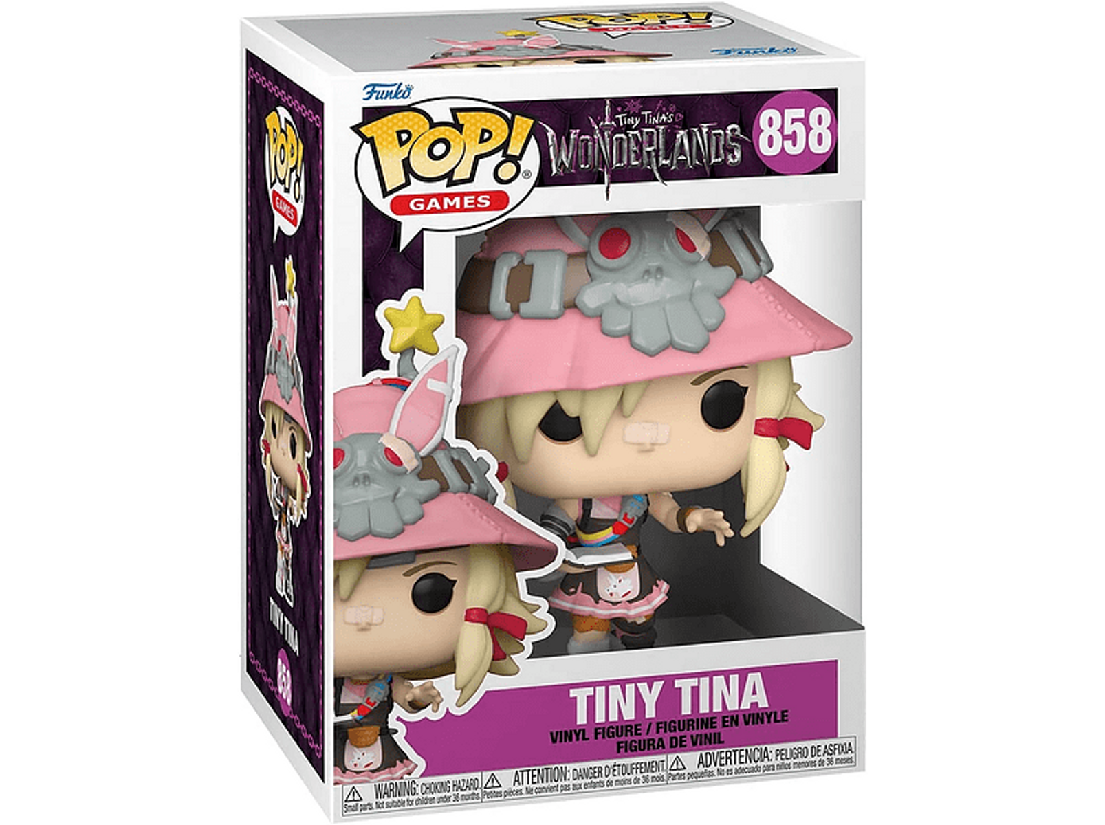 Figura Funko Pop! di Tiny Tina in scatola, con cappello rosa e capelli biondi.