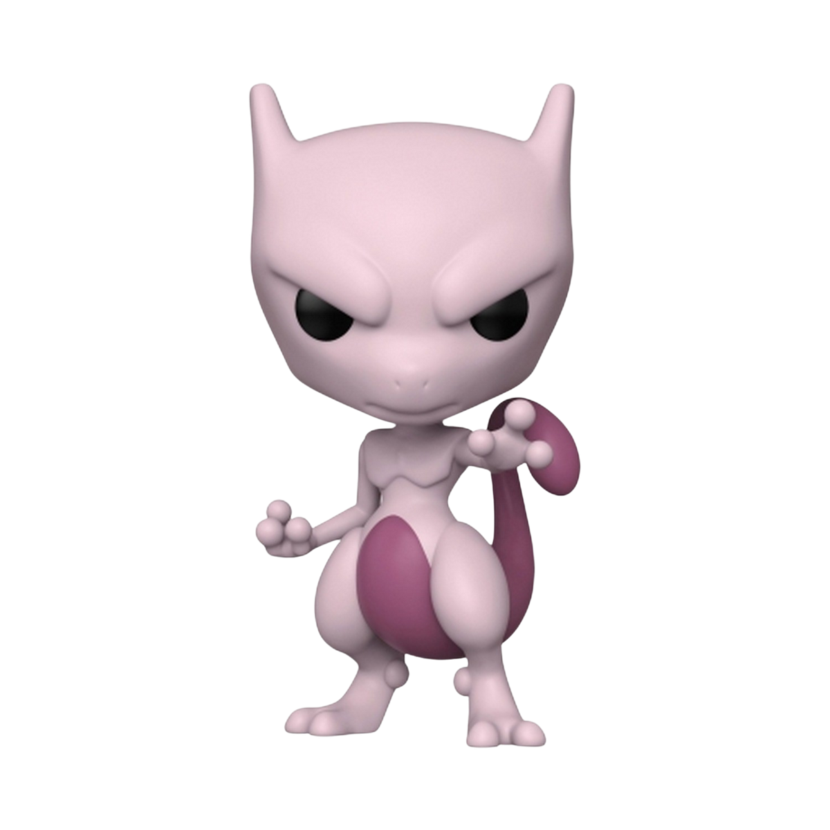 Rosa Mewtwo-Figur mit strengem Gesicht, schwarzen Augen und lila Schwanz.
