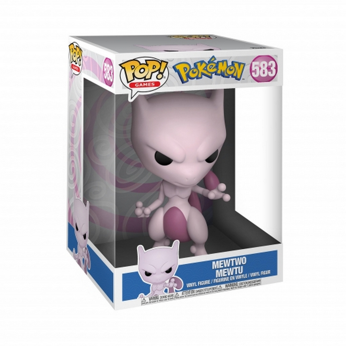 Mewtwo Funko Pop Figur. Lila und weiße Figur in einer durchsichtigen Box mit Hintergrundkunst.