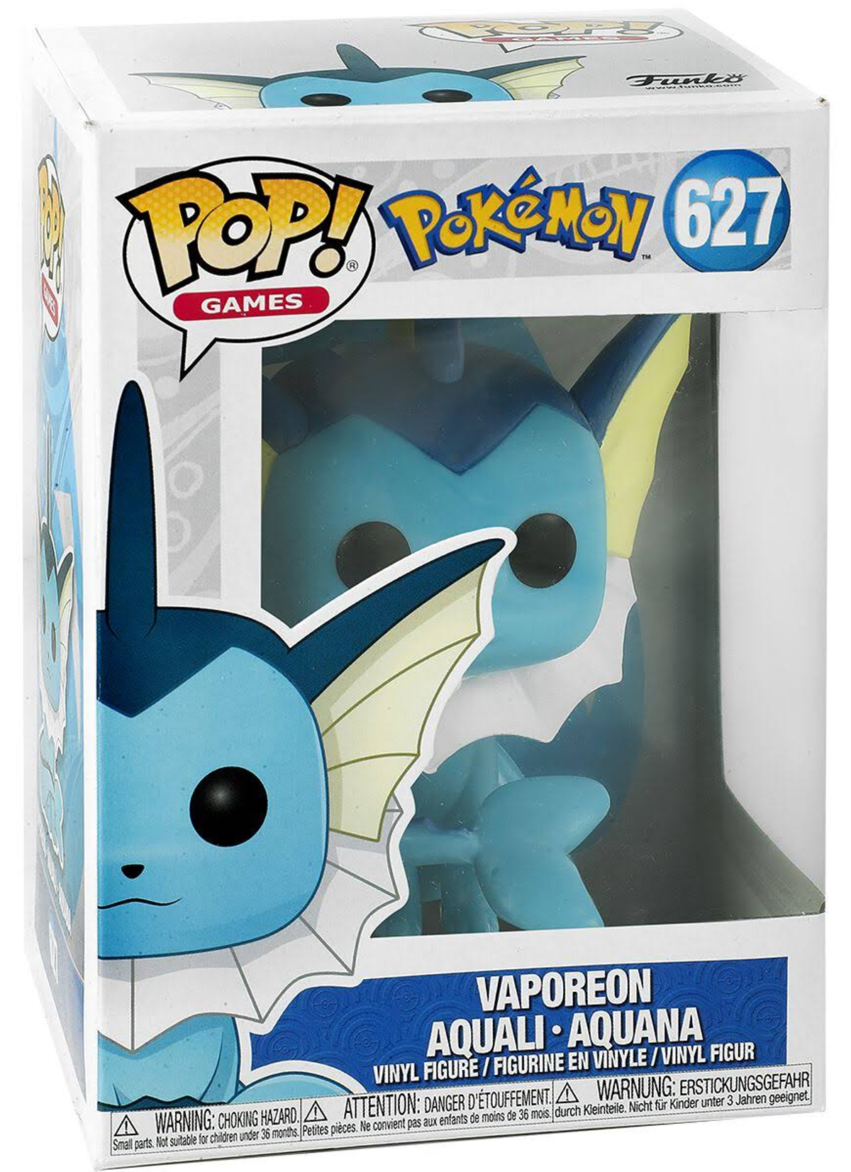 Personaggio Funko Pop di Vaporeon, in una scatola. Pokémon blu con pinne gialle.