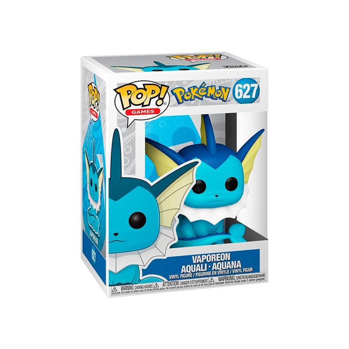 Figura Vaporeon Funko Pop in una scatola. Mostra le figure di Vaporeon sulla scatola e all'interno.