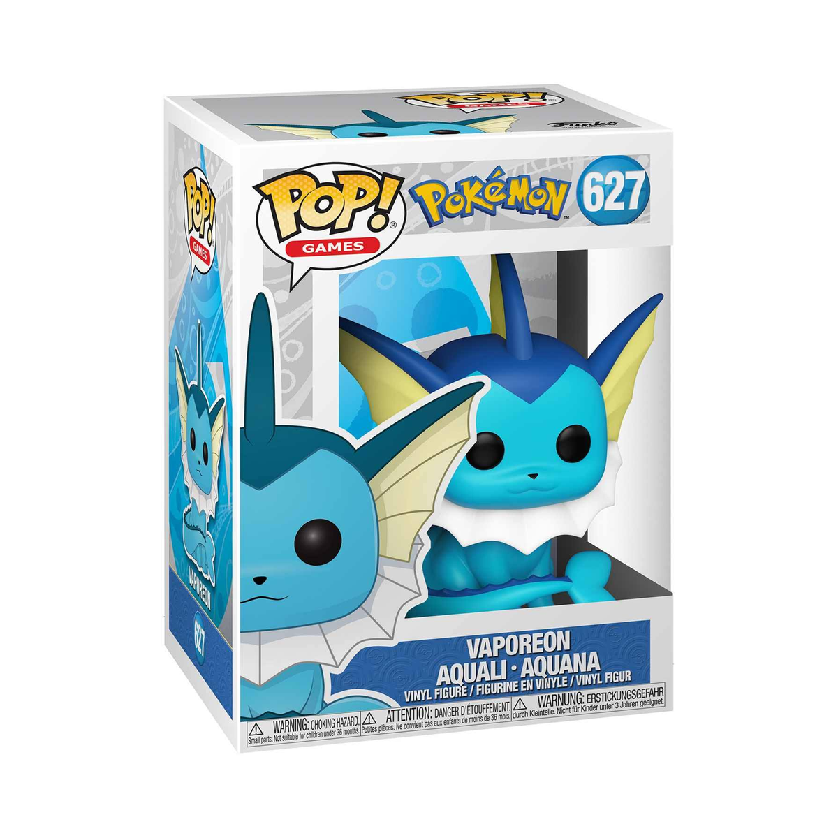 Figura di Vaporeon Pokémon in una scatola. La scatola ha un'immagine di Vaporeon.