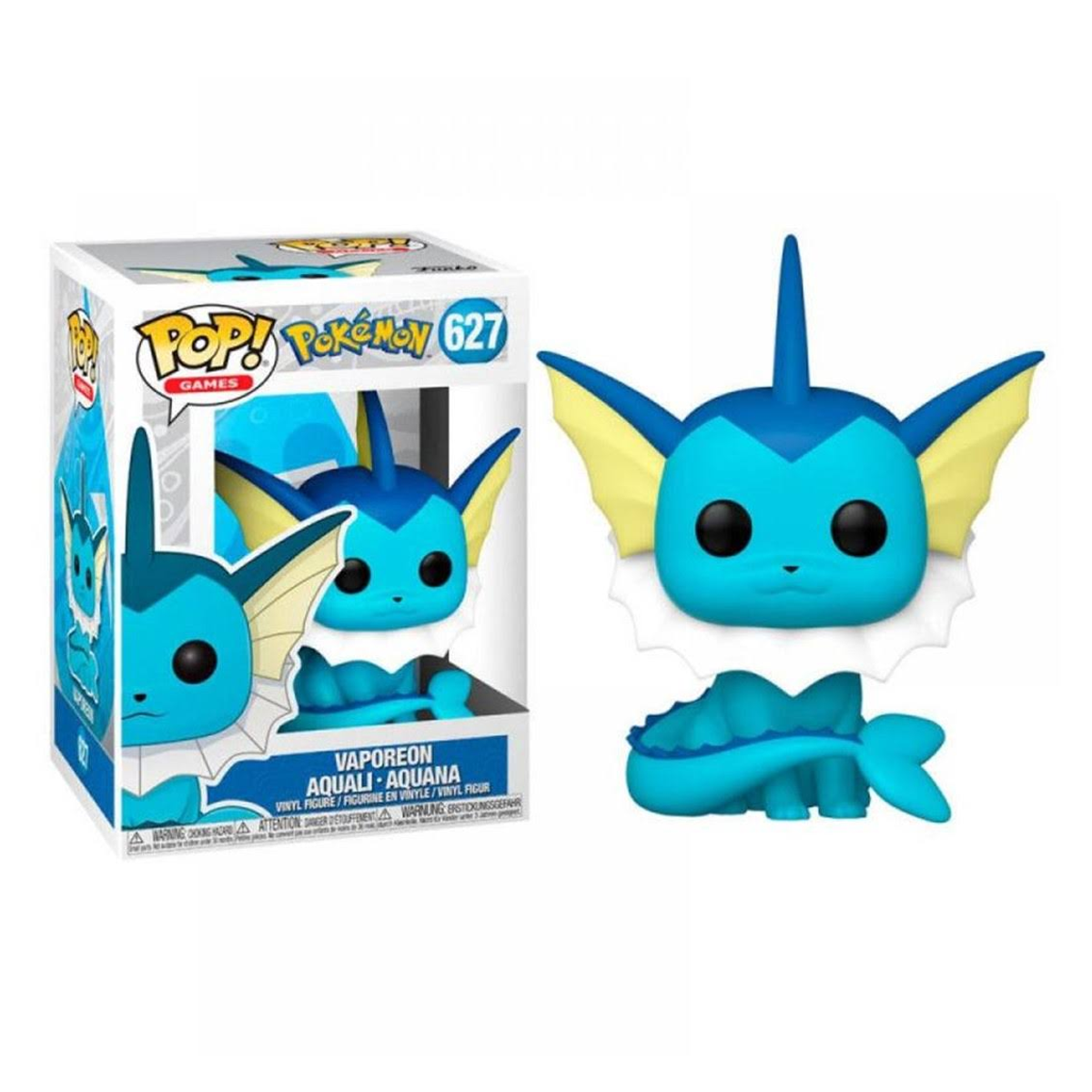 Una figurina di Vaporeon di Pokemon, con una scatola a sinistra e la figurina a destra.