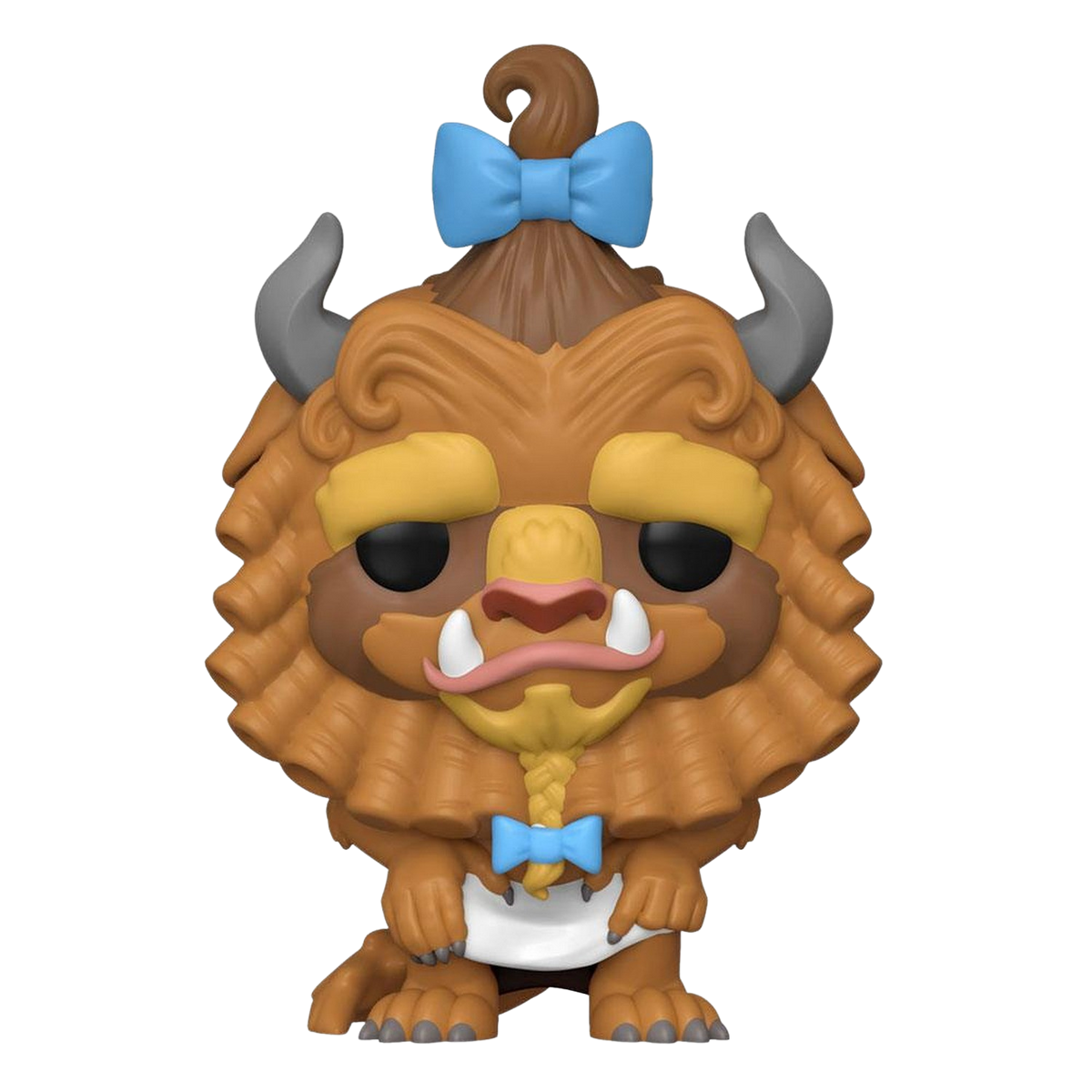 Funko Pop di Beast de La Bella e la Bestia. La figura è un giocattolo, con fiocco blu.