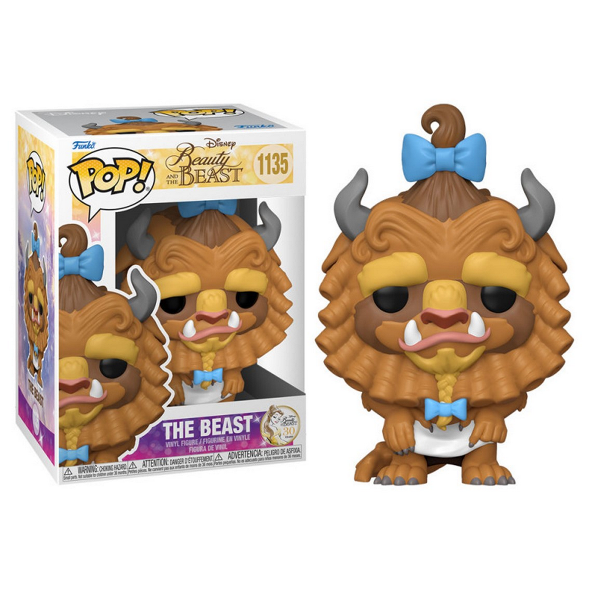 Figura Funko Pop de La Bestia di La Bella e la Bestia. In mostra con scatola su sfondo bianco.