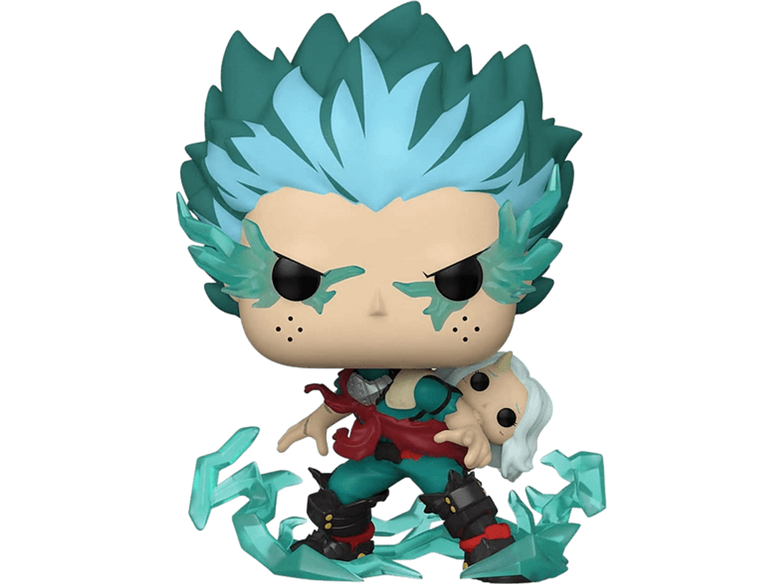 Funko Pop Figur von Deku aus My Hero Academia. Grünes Haar, rotes Kostüm, hält ein Kind.