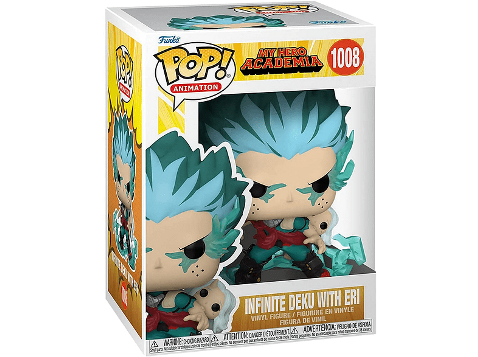 Deku mit Eri Funko Pop Figur in der Box. Die Figur hat grüne Haare und ist in Action.