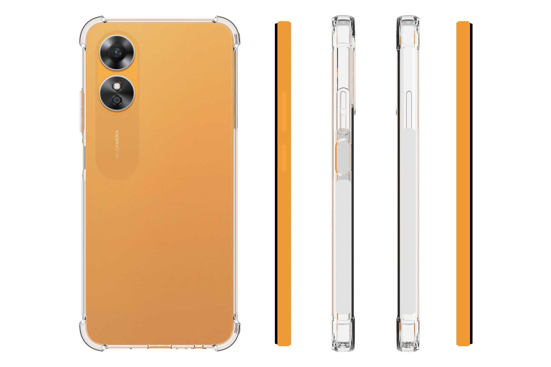 Oranges Smartphone mit transparentem Gehäuse, verschiedene Winkel.