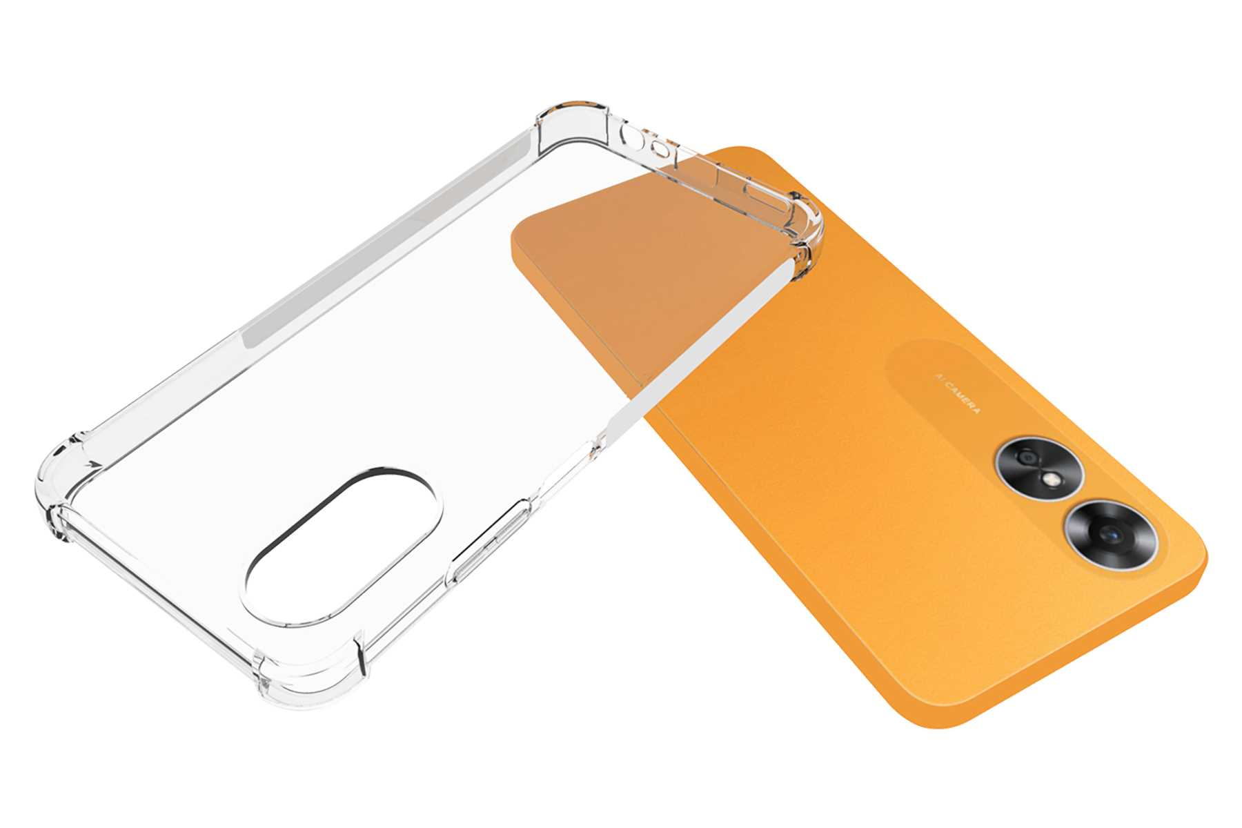 Orangefarbene Telefonrückseite mit durchsichtiger Hülle. Das Telefon hat eine Kamera.