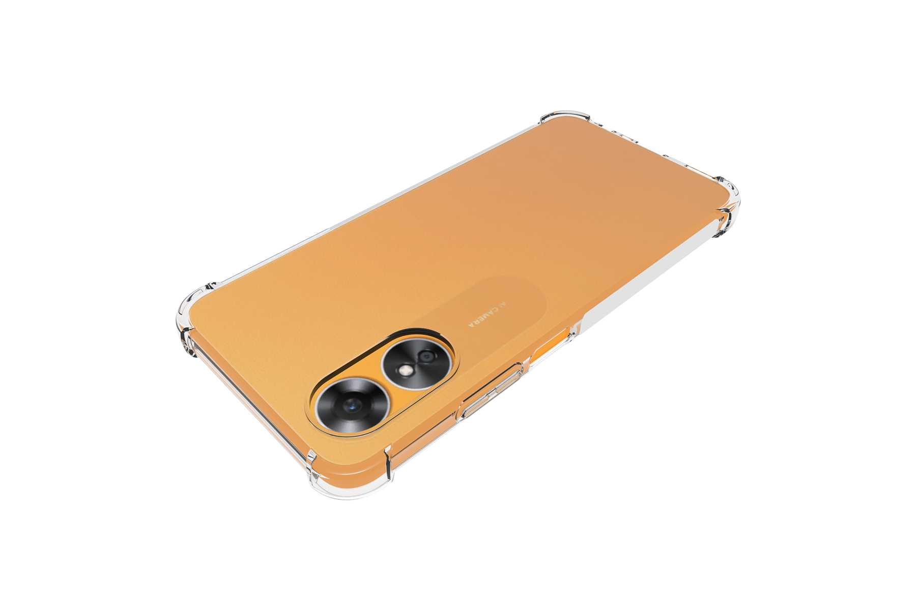 Ein Smartphone mit orangefarbener Rückseite und einer durchsichtigen Schutzhülle. Die Kameralinsen sind sichtbar.