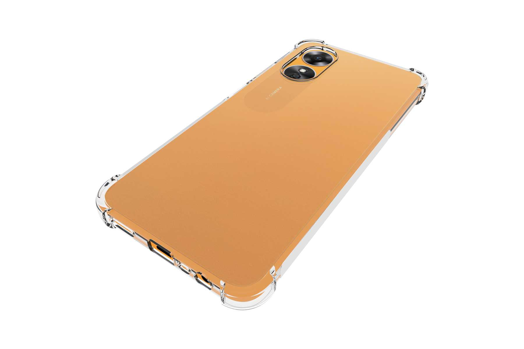 Orangefarbenes Telefon in einer durchsichtigen Schutzhülle. Die Hülle hat Schutzecken.