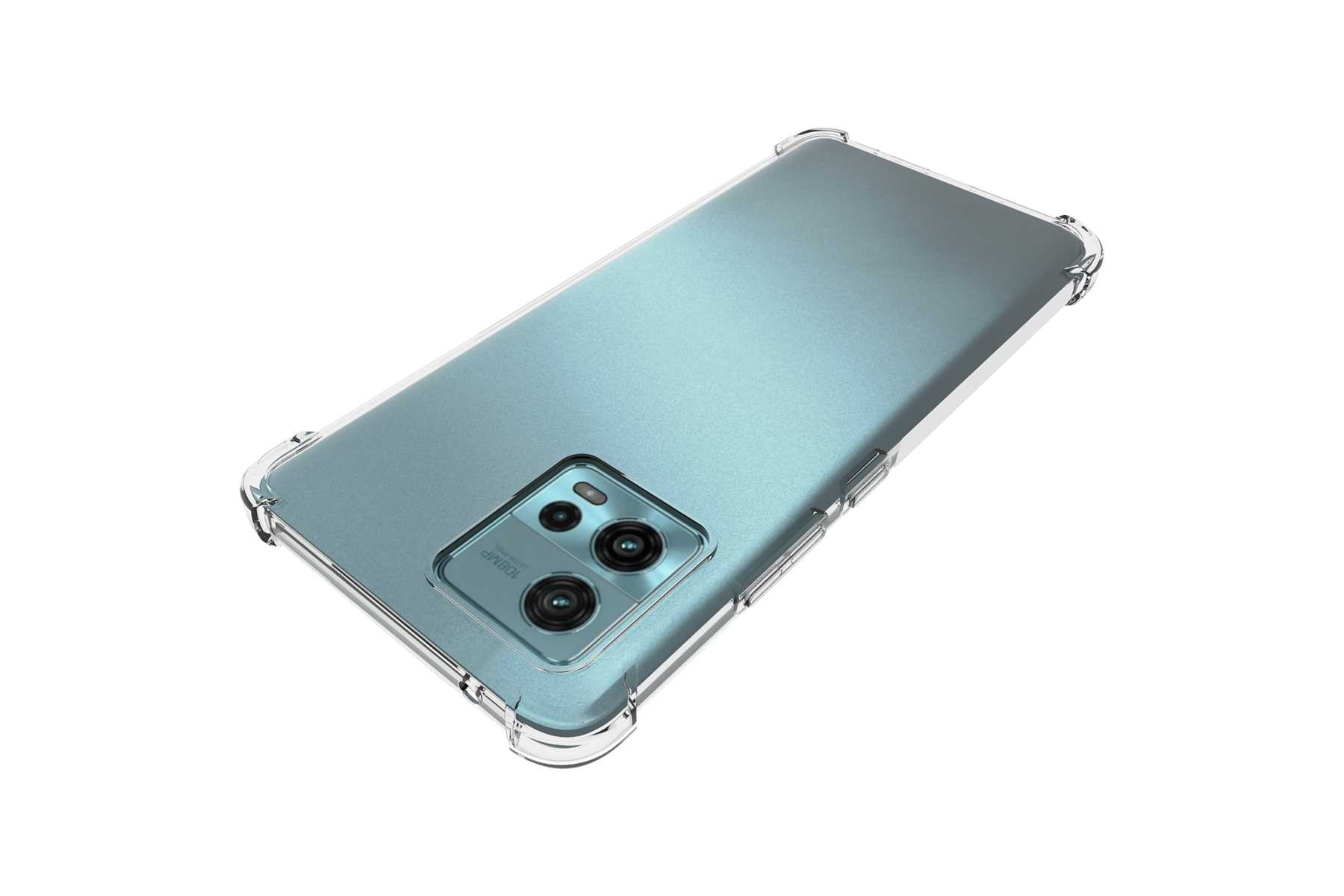 Die Rückseite eines blauen Smartphones in einer durchsichtigen Hülle. Das Telefon hat zwei Kameras und einen Blitz.