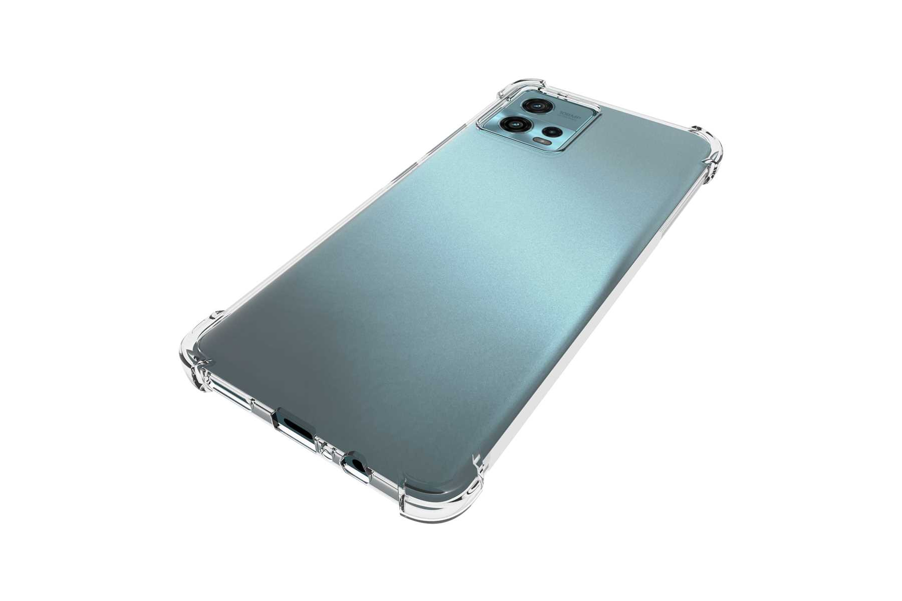 Ein Telefon in einer durchsichtigen Hülle ist auf einer weißen Oberfläche angewinkelt. Das Telefon ist türkis und hat eine durchsichtige Hülle.